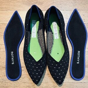 Rothy's The Point Ivory Dot Black Flats with unique Detailing on heel